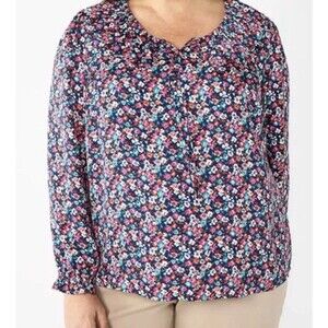 Croft & Barrow Womens Plus Size 3X Ruffle Neck Peasant Blouse Navy Pink Floral